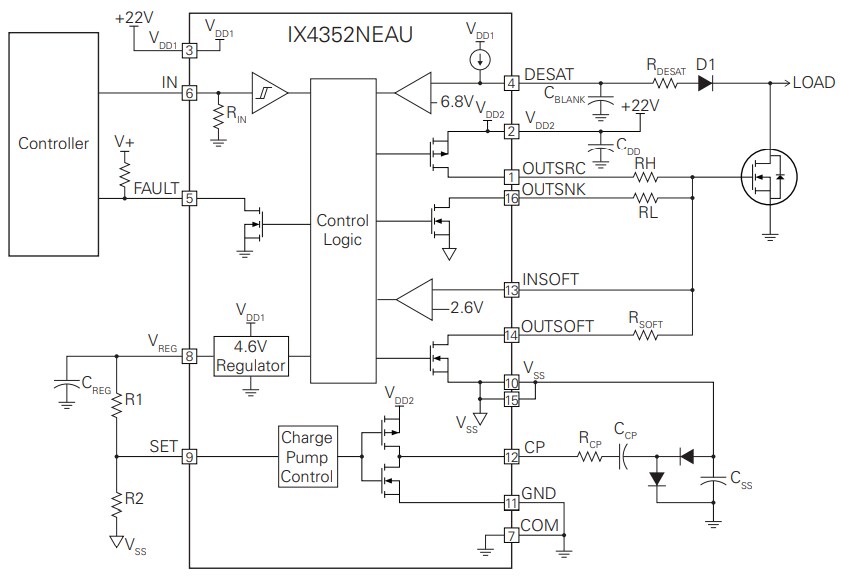 Application Circuit Diagram - IXYS IX4352NEAU Low-Side Gate Drivers